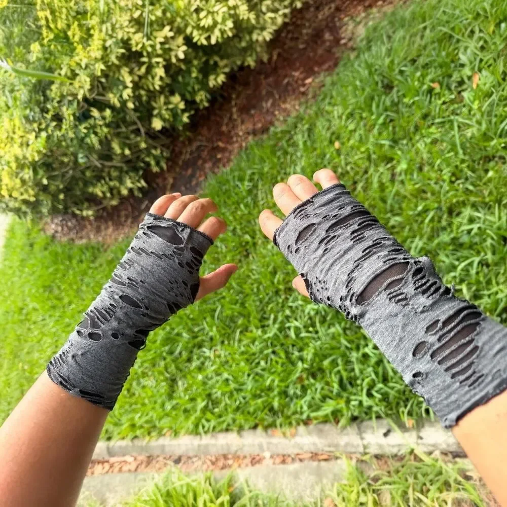 Distressed Grey Fingerless Arm Warmers | Grunge & Alternative Style